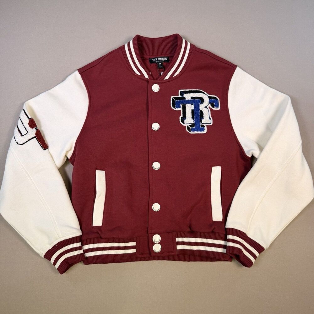 NWT True Religion Jean’s Men’s Size Small Varsity Jacket Maroon/White MSRP $239